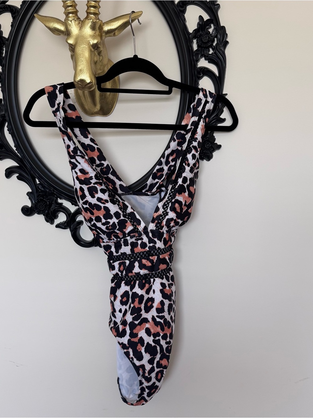Leopard Print One-Piece Swimsuit in Black, White & Rust